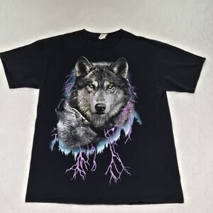 Fruit Loom Vintage Black Purple Wolf Graphic Shirt Mens Large Y2K Trendy Viral
